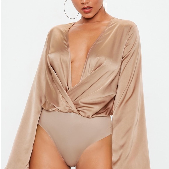 petite nude satin drape plunge bodysuit - Picture 3 of 3